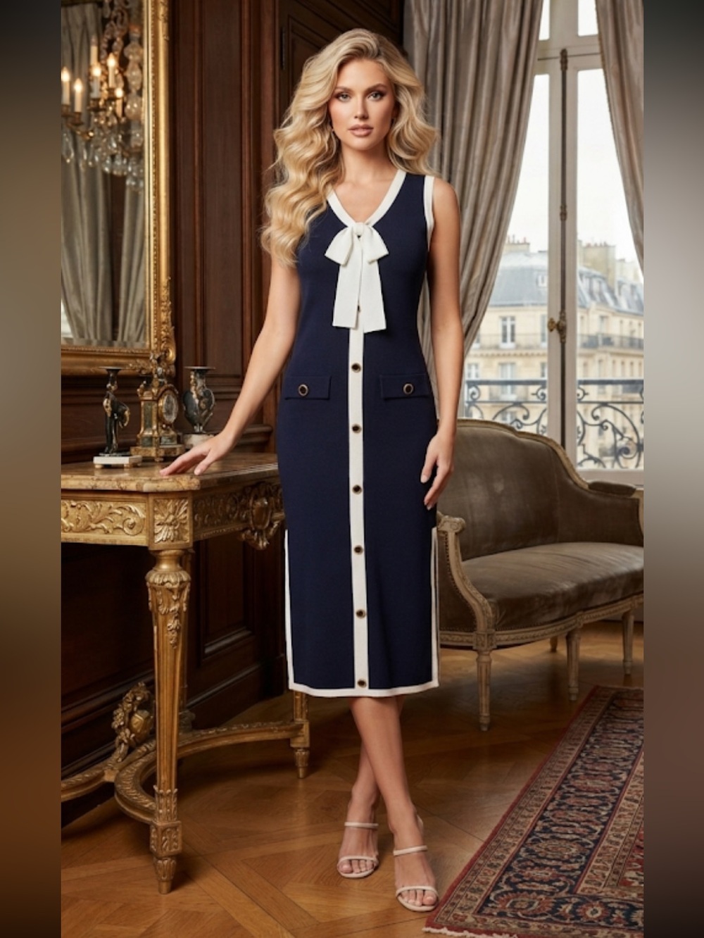 New NICOLE MILLER NEW YORK Navy/white Contrast Trim Bow Tie Midi Dress - Picture 3 of 15